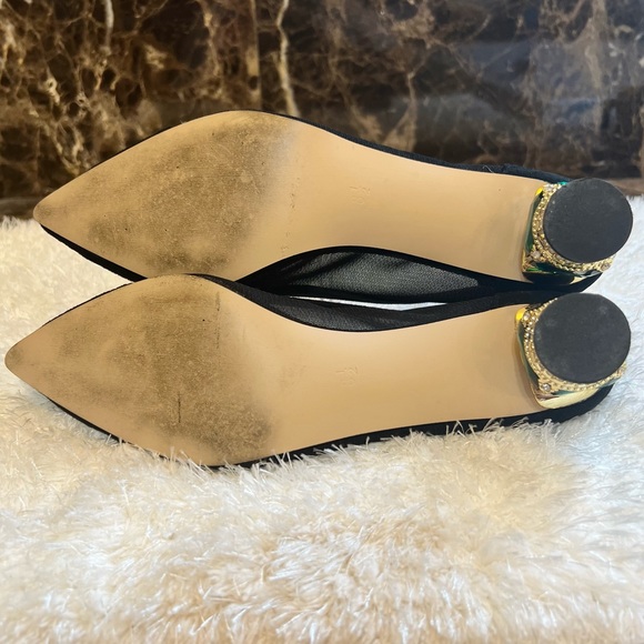 FSJ~ Pointed Toe~Bejeweled Chunky Block Heel Pump~Black Faux Suede & Mesh~Sz 8.5 - Picture 5 of 5